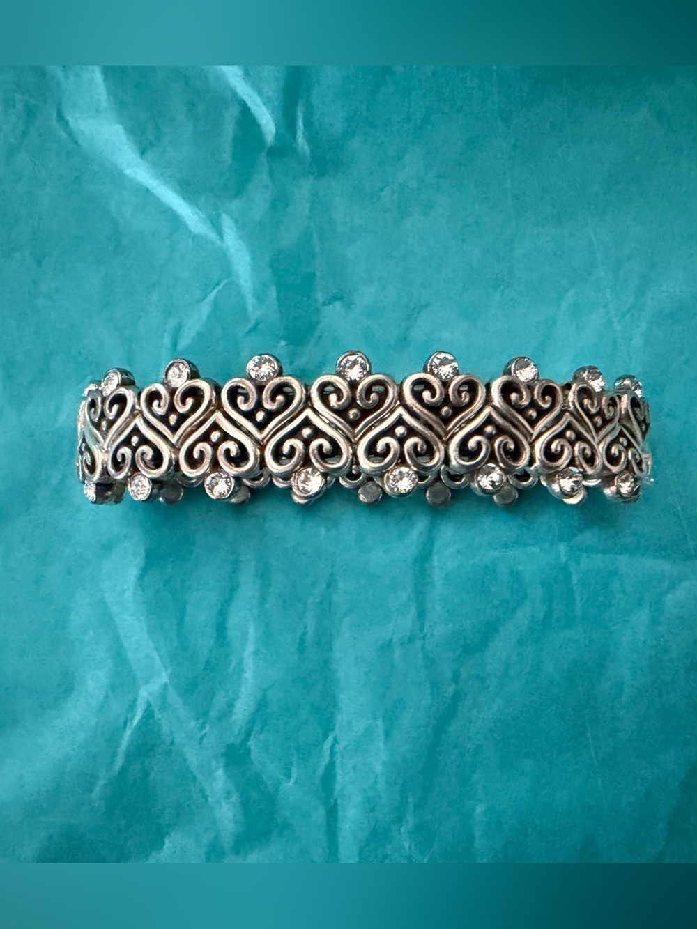 Brighton Alcazar Heart Silver-Tone Filigree Crystal Stretch Bracelet
